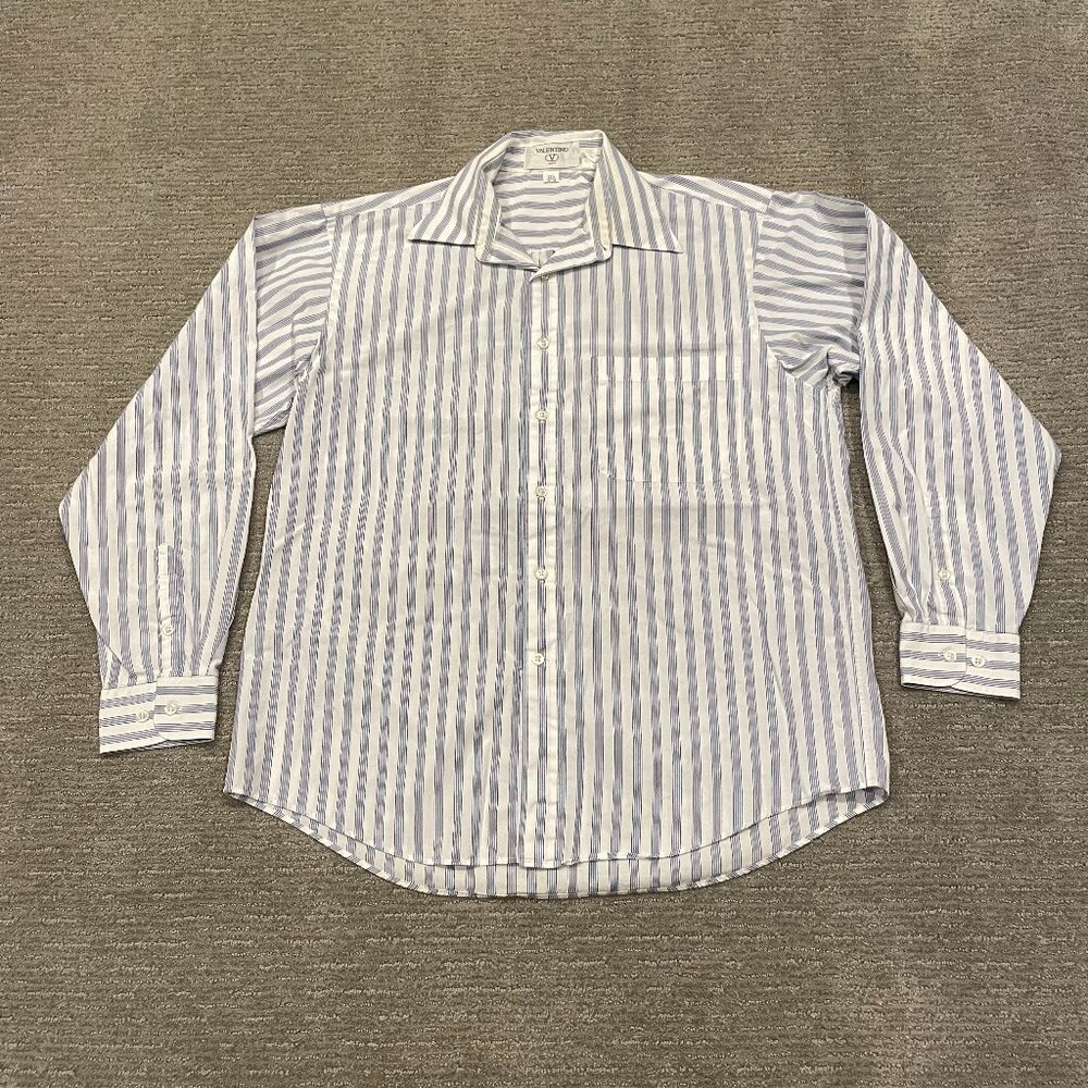 Valentino Uomo Shirt Mens 15.5 34 35 Blue White Stripe Dress Casual Button Up